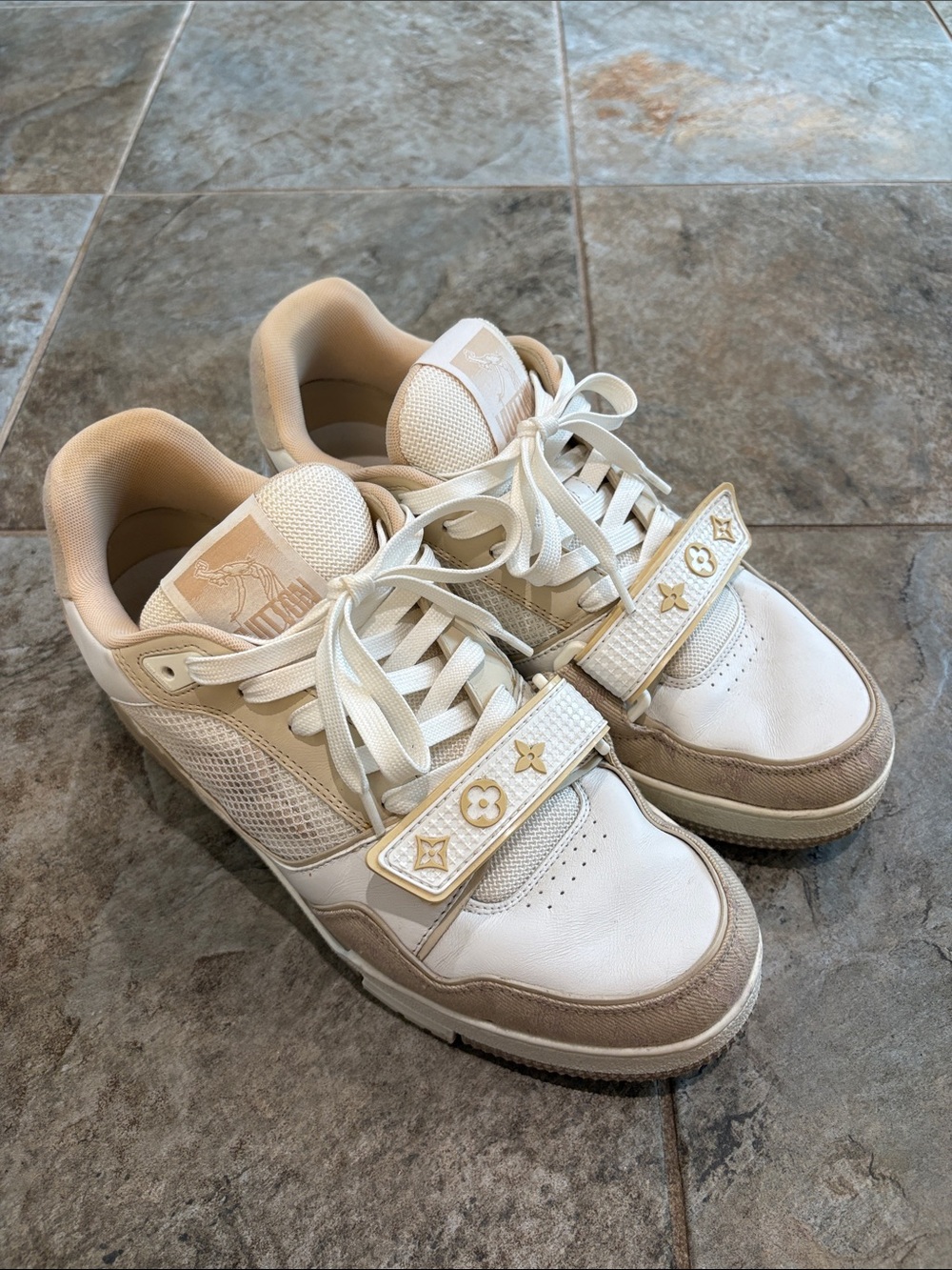 Louis Vuitton Men's Cream and Beige Low-Top Sneakers with Signature Strap